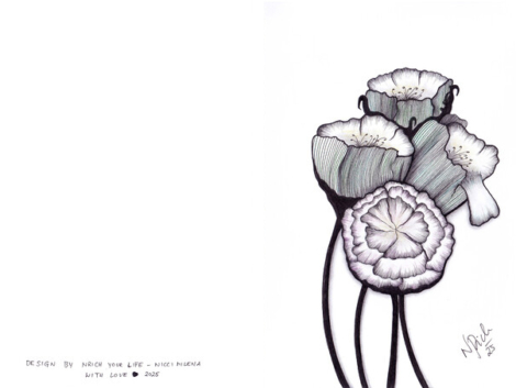 Card – 4 Flowers, blue, green, purple, yellow