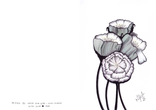 Card – 4 Flowers, blue, green, purple, yellow